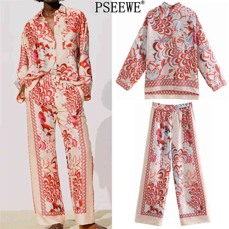 

Summer Two Piece Set Women Vintage Print Long Sleeve Shirts Female Suit Loose High Waist Wide Leg Trouser Suits 210519, Short