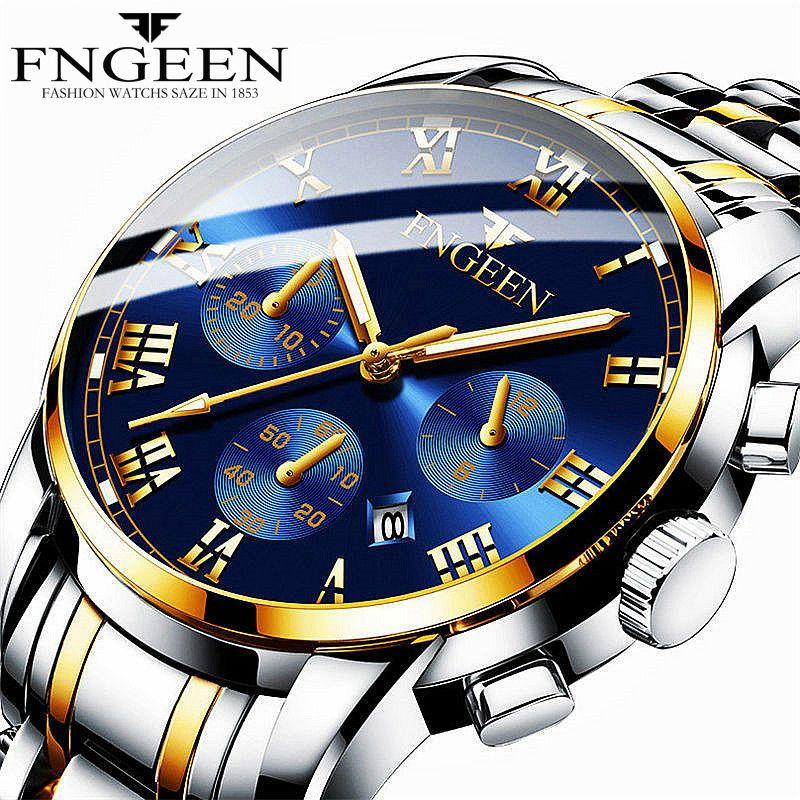 

Wristwatches Relogio Masculino FNGEEN Analog Six Hand Calendar Quartz Watch Business Men Fashion Casual Mens Wristwatch, Black