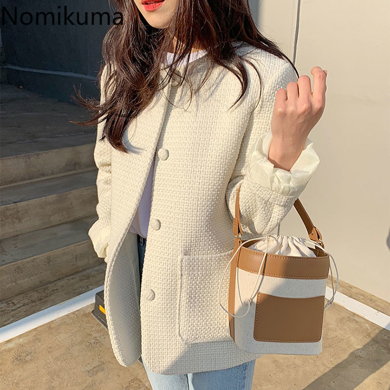 Nomikuma Spring New Tweed Women Coat Korean Causal Single Breasted O-neck Jacket Fashion Elegant Long Sleeve Outwear 6D871 210427