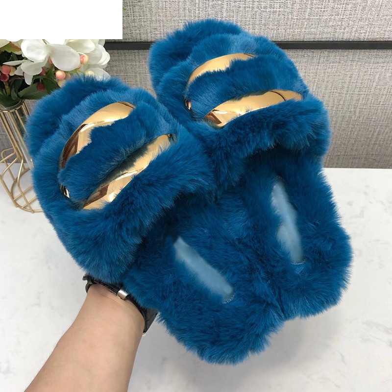 

Sandals Flat casual real fur slippers women thick sole metal decor open toe wool slides Autumn winter indoor comfort shoes female, White