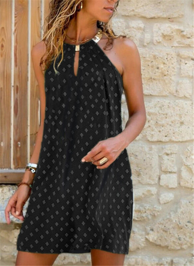 Sexy Women Lattice Print Halter Dress Summer Harajuku Sleeveless Mini A-line Girls Hollow Out Beach Dresses Clubwear-image-708220318