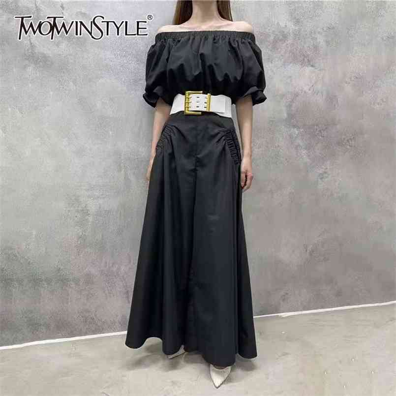 

Casual Black Jumpsuit For Women Slash Neck Puff Short Sleeve High Waist Full Length Jumpsuits Female Summer Stylish 210521