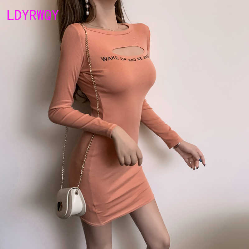

Korean female letter print hollow Slim hole bag hip long sleeve slim dress Knee-Length Sheath Office Lady 210603, Black