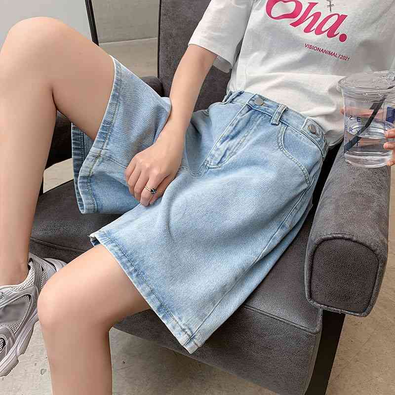 

Summer Denim Shorts Women' Short Jeans Blue Wide Leg Elastic Waist Vintage Knee-length Pants High Women 210603