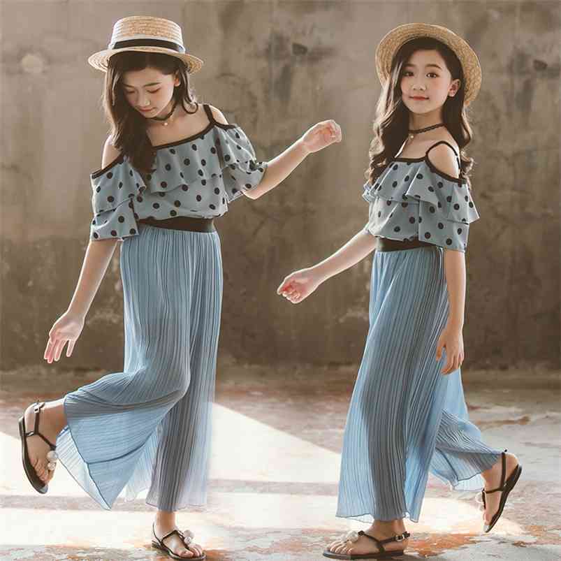 

Summer Children Sets Casual Strap Ruffles Dot Tops Chiffon Blue Wide Legged Trousers 2Pcs Girls Clothes 3-12T 210629