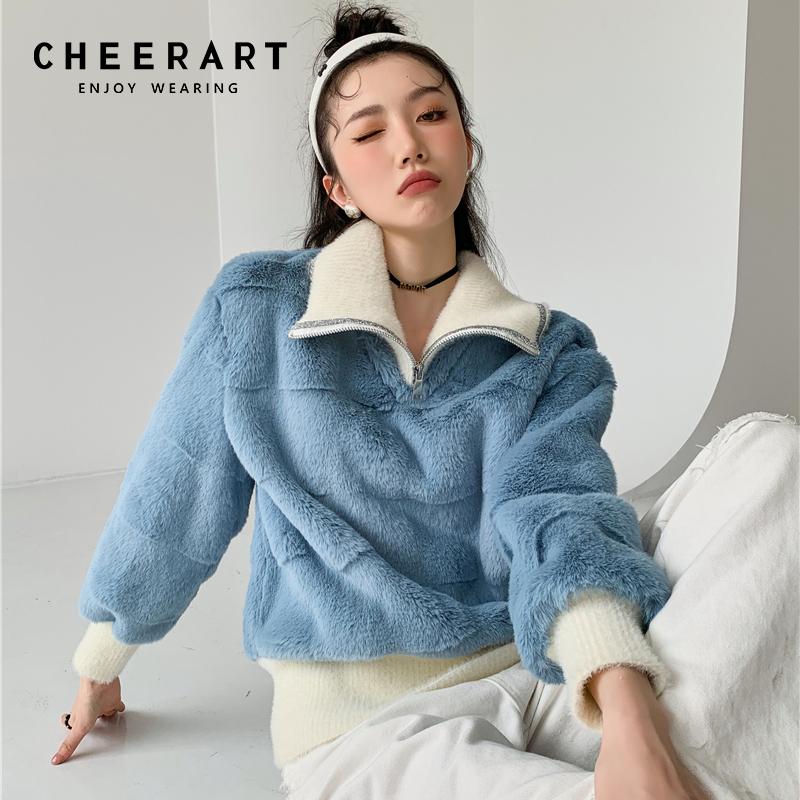 

Women's Fur & Faux CHEERART Winter Thick Mink Coat Women Korean Fashion Fluffy Blue Jacket Designer Pathwork Outerwear Clothing, Black