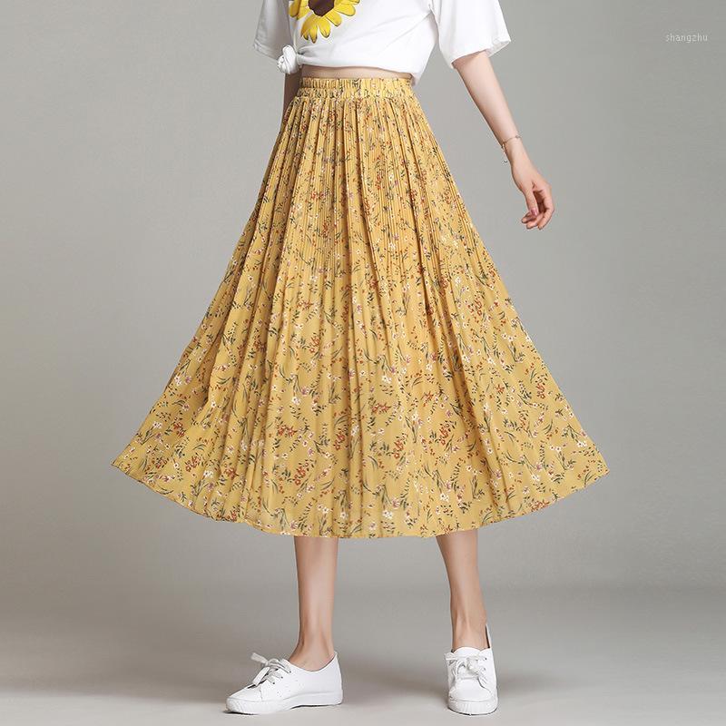 

Skirts Pleated Skirt Women's Summer 2021 High Waist Big Swing Medium Length Loose Casual Office Lady Elegant Floral A-line, Black
