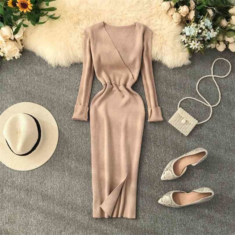 

Women Casual Dress Autumn Winter Sweater Ladies Elegant V-neck Long Sleeve Bodycon Bright Midi Robe 210525