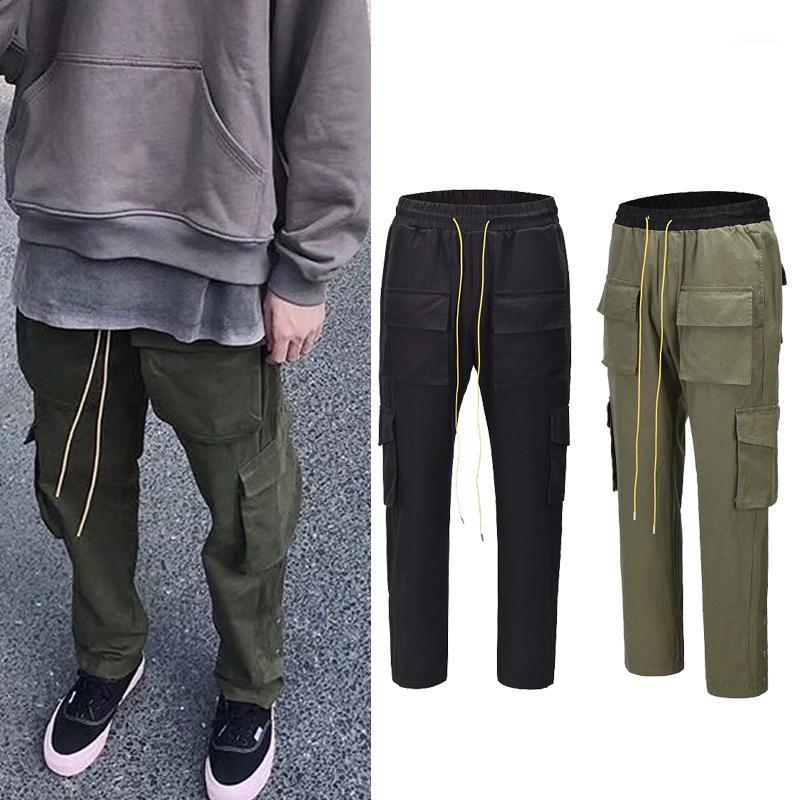 

Men's Pants QoolXCWear Streetwear Cargo Mens Multi-pockets Trousers Double Side Buttons Design Loose Casual, Black