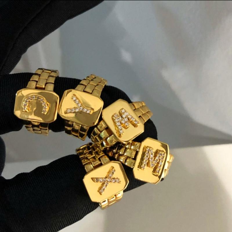 

Cluster Rings Chunky Hip Hop A-Z Letter Adjustable Watchband Square Statement Gold Color Name With Zircon Jewellry KAR267, Golden;silver