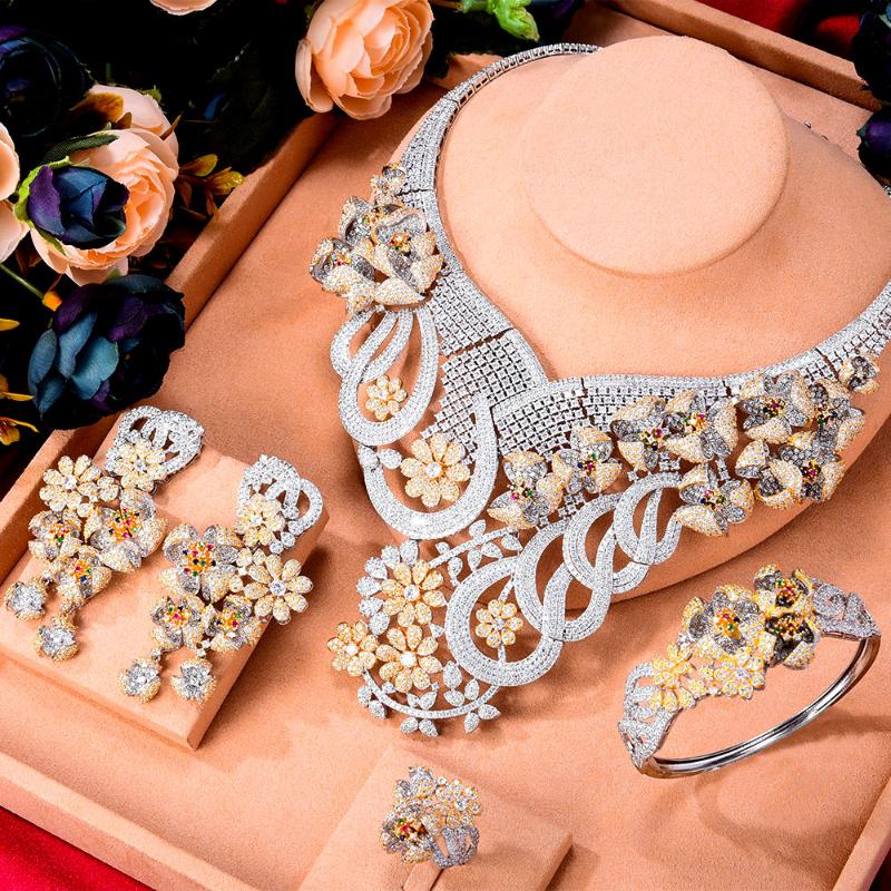 

Earrings & Necklace GODKI Super Luxury 4PCS Big Flowers Africa Cubic Zirconia Set Jewelry Sets For Women Wedding Dubai Bridal, Silver