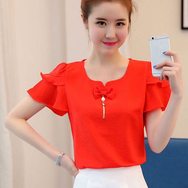 

Lucyever Women' O-neck Chiffon Shirt Summer Elegant Ruffles Short Sleeves Shirts Woman Bow Casual White Blouse Female 210521, Yellow