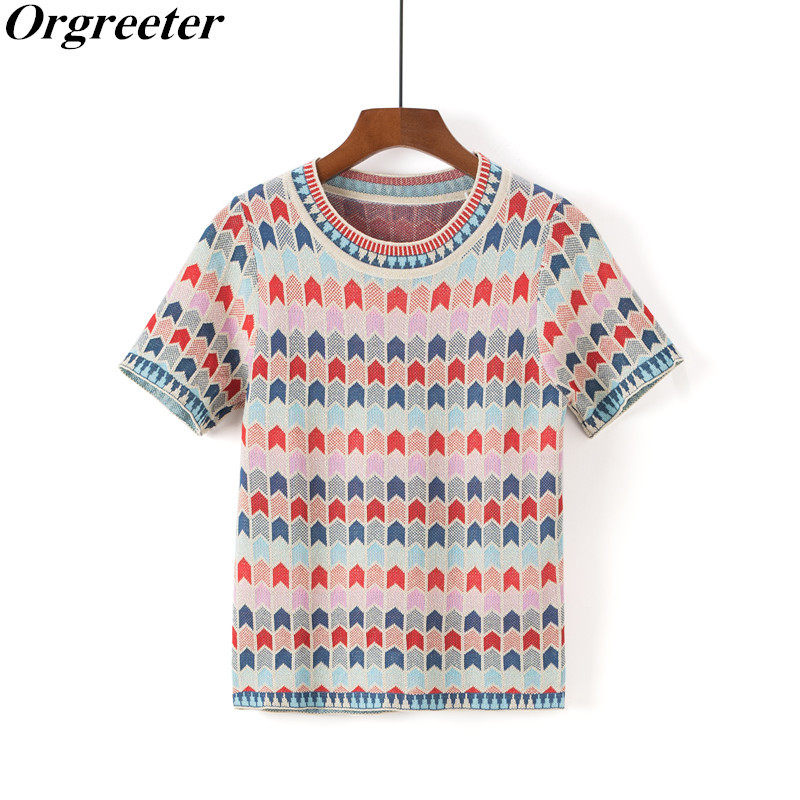 

Knitted Pullovers Tops for Women Summer O-neck Short Sleeve Colorful Geometry Plaid Thin Sweater Blusas Mujer 210525, Pullover tops