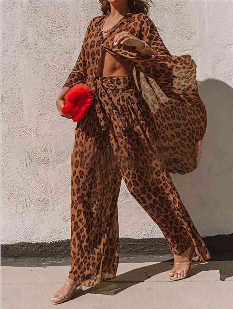 

autumn clothing leopard shirt womens pants wide leg loose fried street fashion suit, White