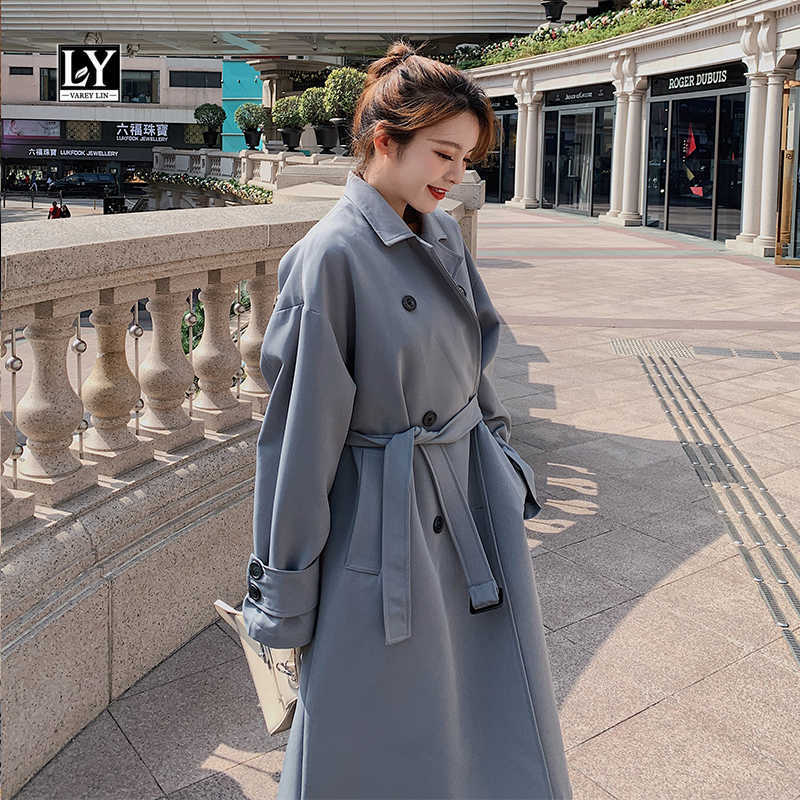 

Ly Varey Lin Spring Autumn Women Double Breasted Mid-long Trench Coat Casual Business Vintage Button Windbreaker Outwear 210526, Khaki