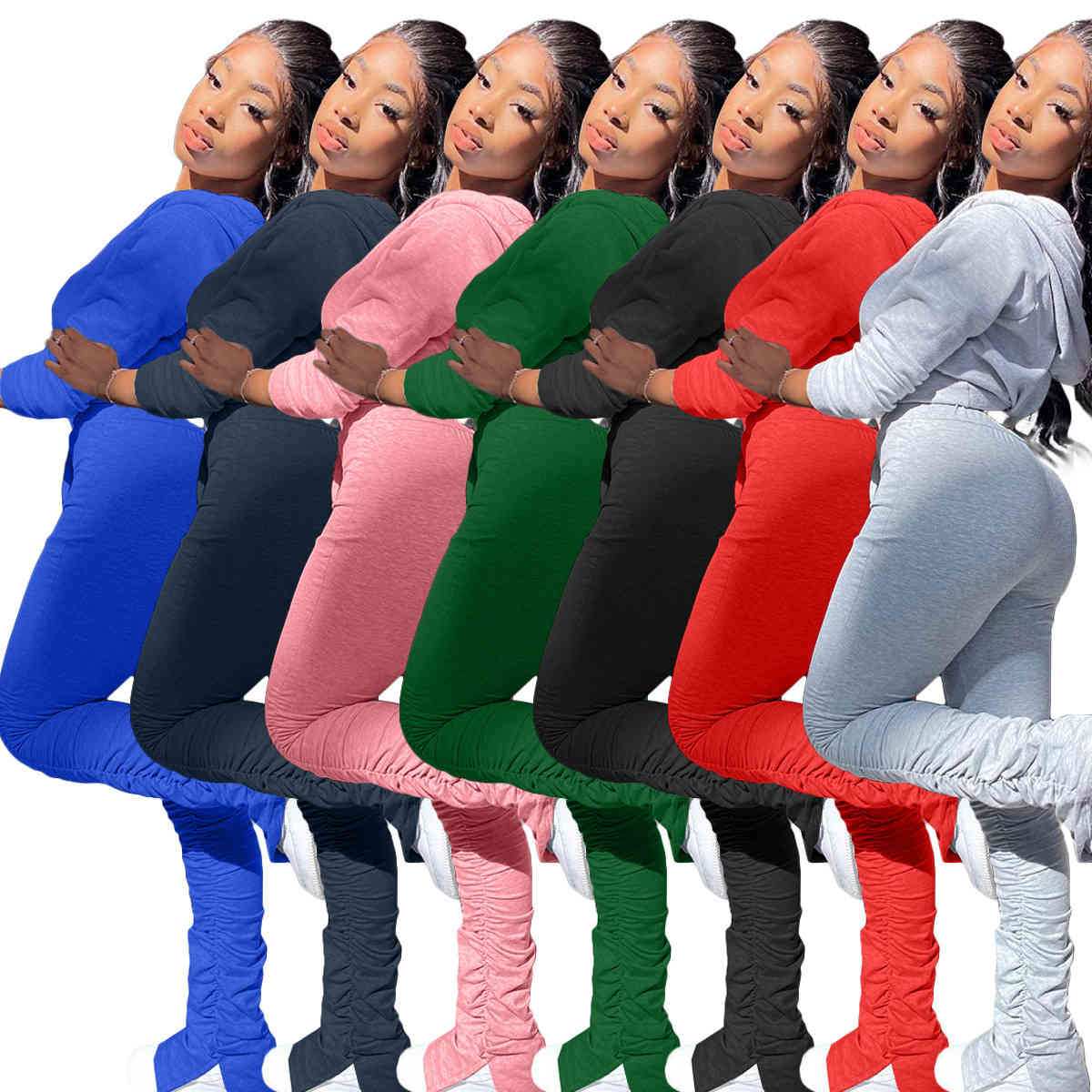

Women Tracksuits 2 Piece Set Fashion Pleated Slit Pant Long Sleeve Hooded Zip Cardigan Outfits Ladies Casual Solid Colour Sports Suits 2021, Black