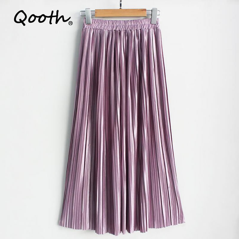 

Qooth Summer Autumn Pleated Skirt 22 Colors Womens Vintage High Waist green Solid Long Fashion Metallic QH2152 210518, 11
