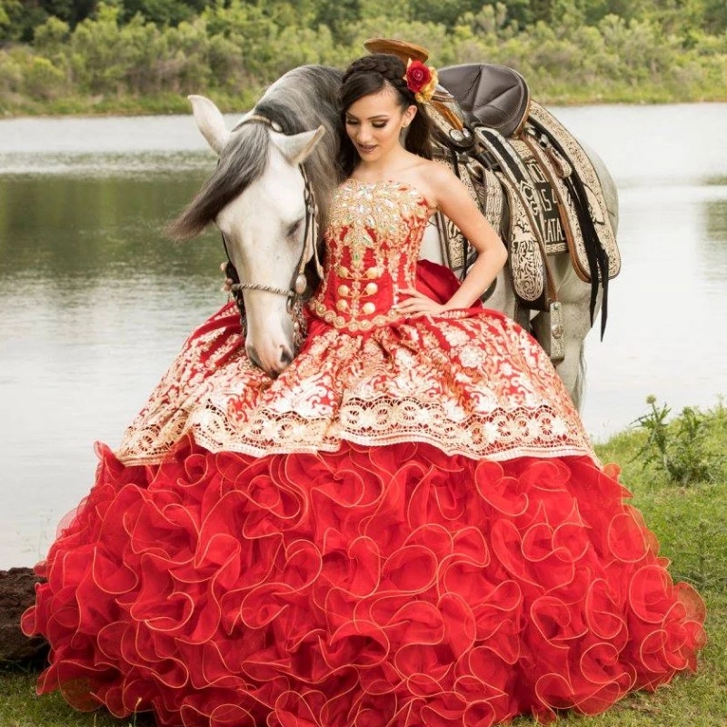 

2022 Glamourous Red and Gold Lace Mexican Quinceanera Dresses Ball Gown Sweetheart Charro Style Satin Ruffle XV Applique Vestido De 15 Anos Prom Evening Party Dress, Royal blue