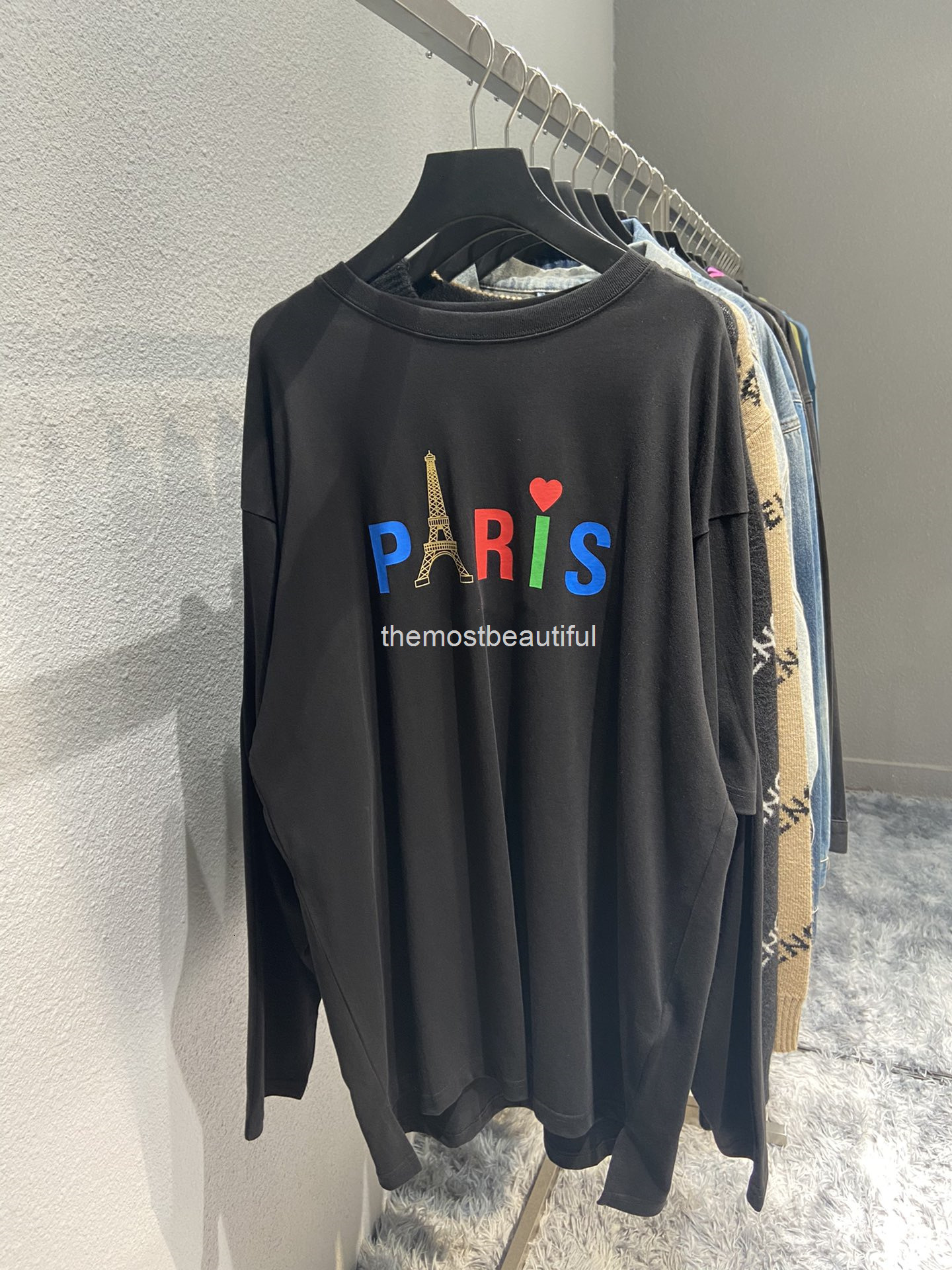 

Women's T-Shirt Autumn and winter high version b tower color word printing splicing fake two-piece Pullover loose men's women's same long T-shirt, 2# packing bag