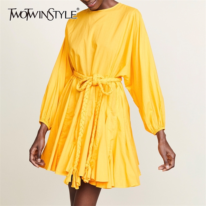 

Spring Yellow Dress For Women O Neck Long Sleeve High Waist Lace Up Pleated Dresses Female Casual Fashion 210520