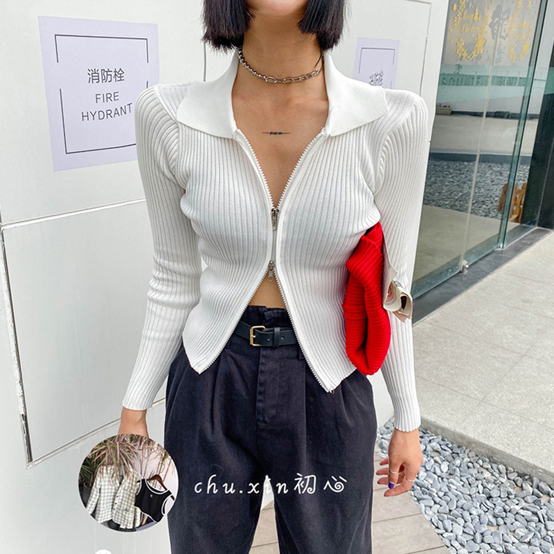 

Lucyever Zipper Women Cardigans Sweater Sexy Autumn Long Sleeve Corpped Knitted Autumn Fashion Female Top Casual Slim Blouse, Black