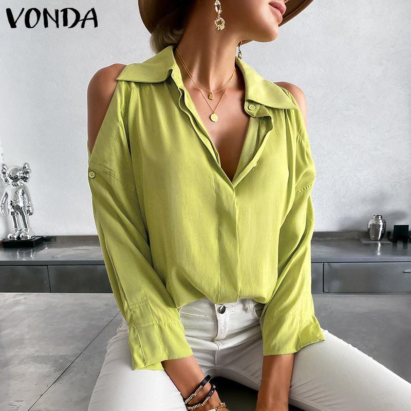 

Women's Blouses & Shirts VONDA Women Button Up Long Sleeve Blouse Vintage Polyester Tops Pleated Chemise Femme Clothing Solid Shirt Party Bl, White