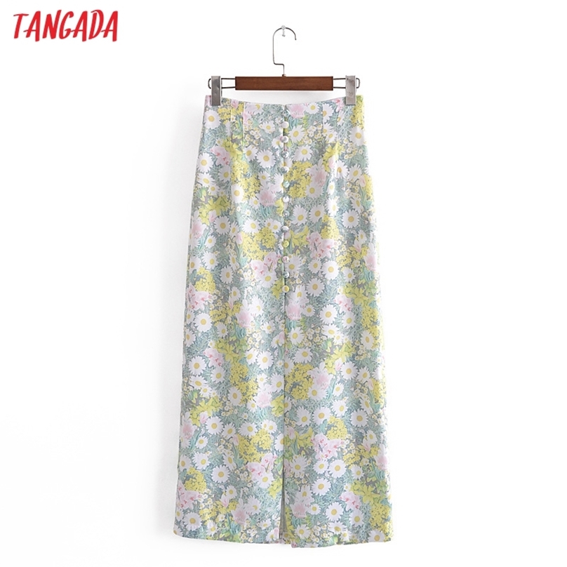 

Tangada Summer Women Flowers Print Midi Skirt Vintage Buttons Decorate Back Zipper Ladies Chic Mid Calf Skirts 3H248 210629, Multi