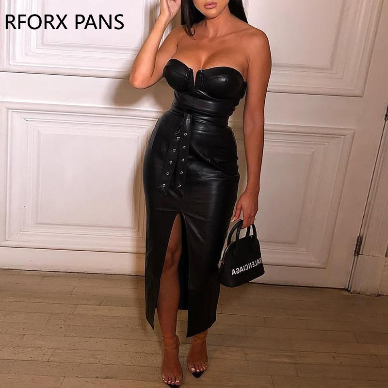 

Solid Tube Slit Coated PU Dress Women Dress, Black