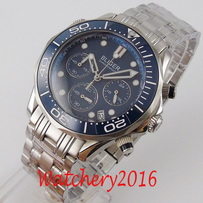 

Luxury Bliger 41mm Blau Dial Chronograph Sapphire Glass Date Quartz Movement Men's Wristwatches, Slivery;brown