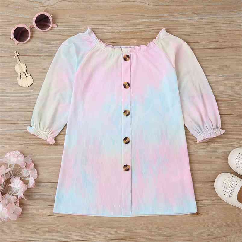 

Winter Girls Dress Baby Cute Long Sleeve Single Breasted Tie-dye Loose Girl Vestido 2-6T 210629, Multi