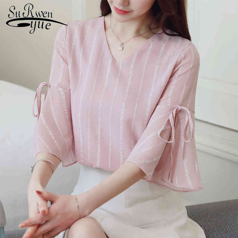 

short sleeved blouses striped bow v-neck women clothing flare shirts casual chiffon tops 0293 40 210521, White
