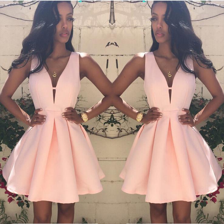 

sleeveless v neck short women dresses mini party cocktail formal ladies female pink, Black;gray