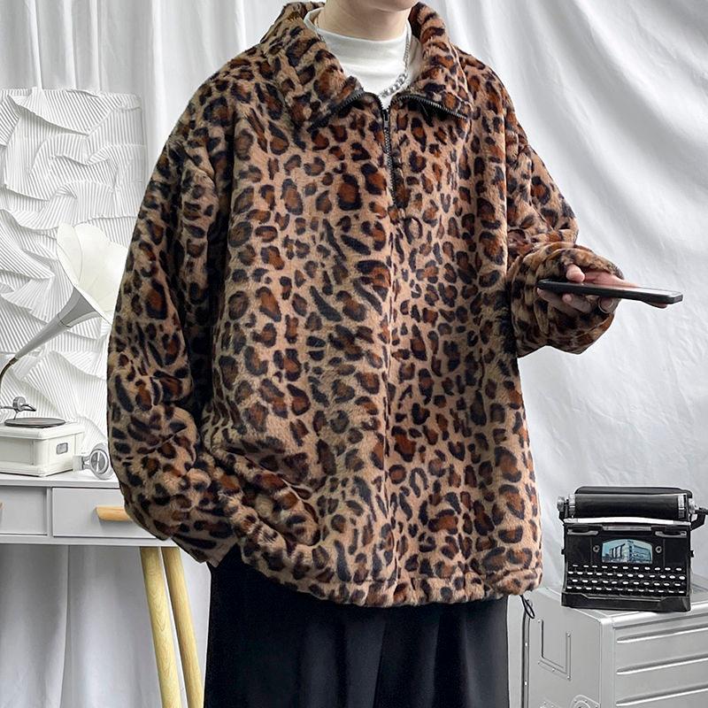

Men's Hoodies & Sweatshirts SYUHGFA Men 2022 Winter Turn-down Collar Velvet Sweatshirt Style Ins Trendy Fashion Autumn Loose Leopard Print, Brown