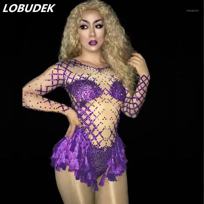 

Women' Jumpsuits & Rompers Sparkly Rhinestones Purple Tassels Bodysuit Female Stage Costume Bar Nightclub DJ Singer Jazz Dance Wear Party, As pic