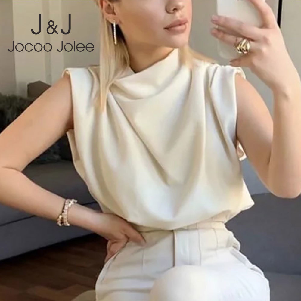 

Jocoo Jolee Summer Sleeveless Solid Shirt Vintage Tops Elegant Stand Collar Loose Blouse Female Chic Ruched Tunic Office Lady 210518, As photo