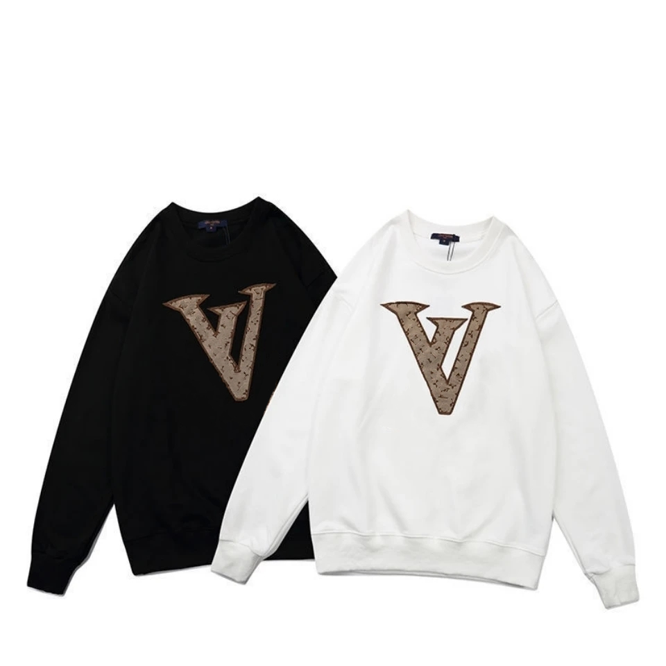 

Men's Hoodies & Sweatshirts autumn and winter add velvet letter printing  embroidery V pure cotton round neck sweater loose comfortabl, Black