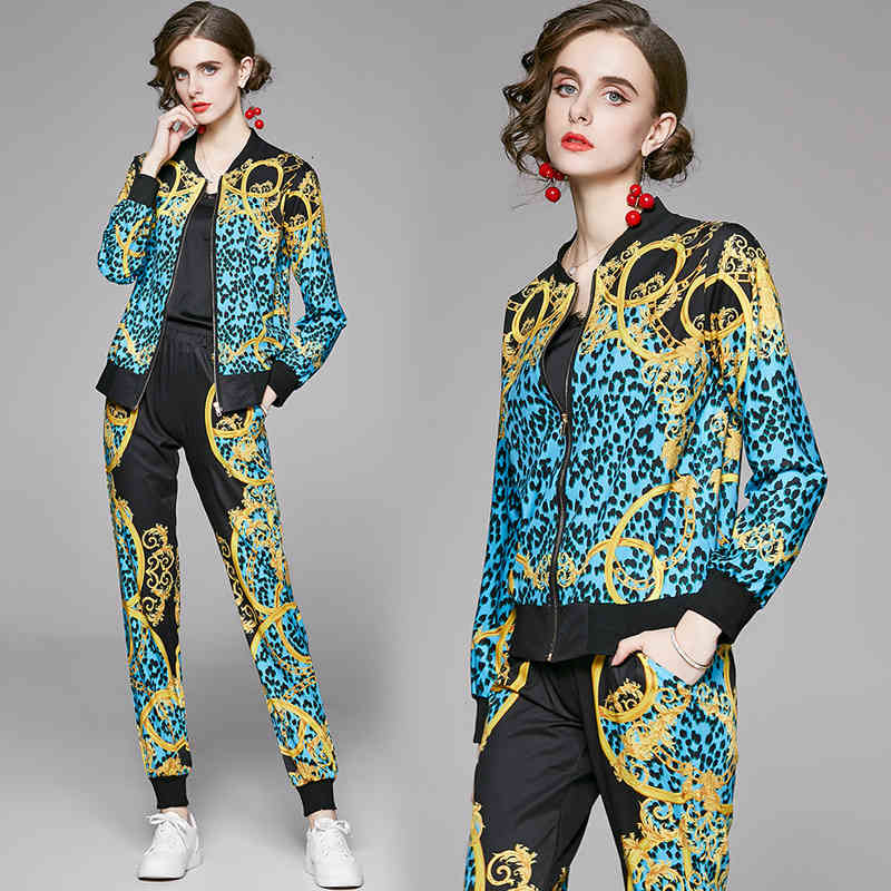 

New Designer Runway Womens Sports Two Piece Sets Leopard Printed Long Sleeve Zippered Jackets + Long Pants 2 pcs Ladies Tracksuits Outfits, Customize