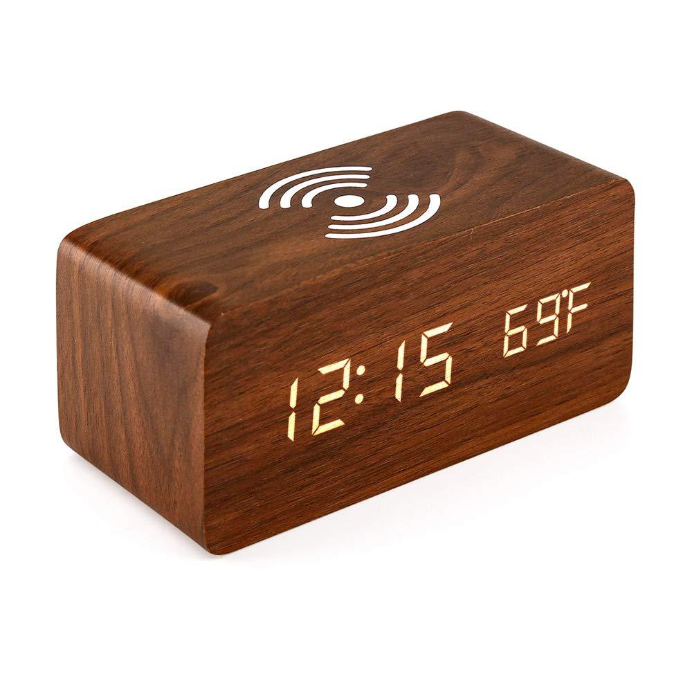 

LED Electric Alarm Clock Wireless Charging Fast Qi Phone Charger Wooden Multifunction Mobilephone Station