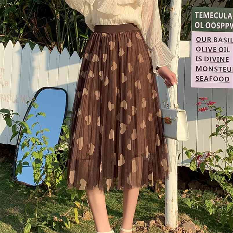 

Spring Vintage Tulle Skirt Women Elastic High Waist Love print Mesh s Long Pleated Midi Female 210519, Picture color