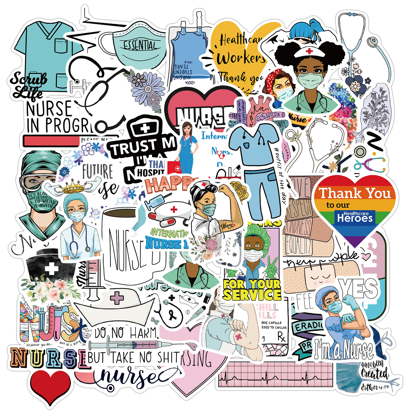 

50 PCS Mixed International Nurses Day Skateboard Stickers For Car Laptop Fridge Helmet Pad Bicycle Bike Motorcycle PS4 book Guitar Pvc Decal, Multi colors