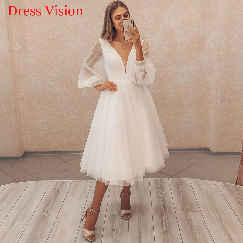 

Vestido De Novia Deep V-neck Puffy Sleeve Short Wedding Dress Robe De Marie Bride To Be Vestido De Fiesta Boda suknia lubna, White