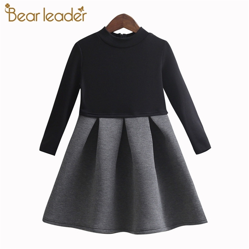 

Autumn Winter Girl Clothing Long Sleeve Cotton Dress Crew Neck Patchwork Kid Costumes 3-13 Years Elegant Girls 210429, Ah3606-black