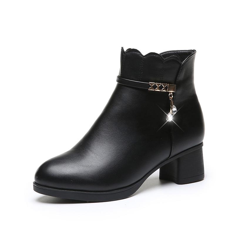 

Boots 2021 Winter Women Shoes Woman Solid Black Leather Female Square Mid Heels Warm Plush Zipper Crystal Ankle