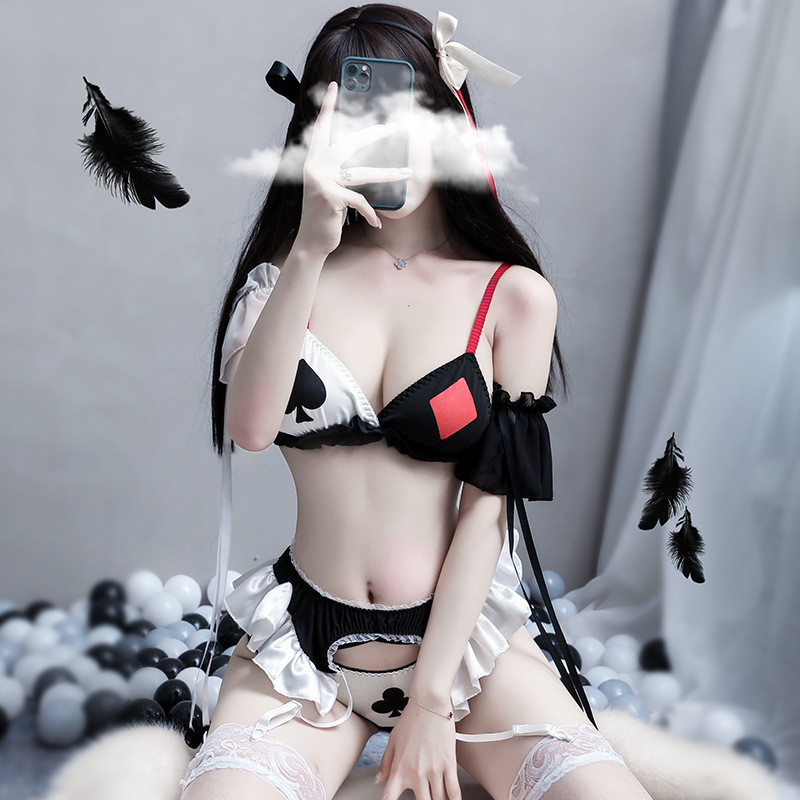 

5pcs Demon Cosplay Costumes Womens Sexy Lingerie Clown Poker Lace Underwear Kawaii Circus Girl Underwear Bra Panties Set, Black