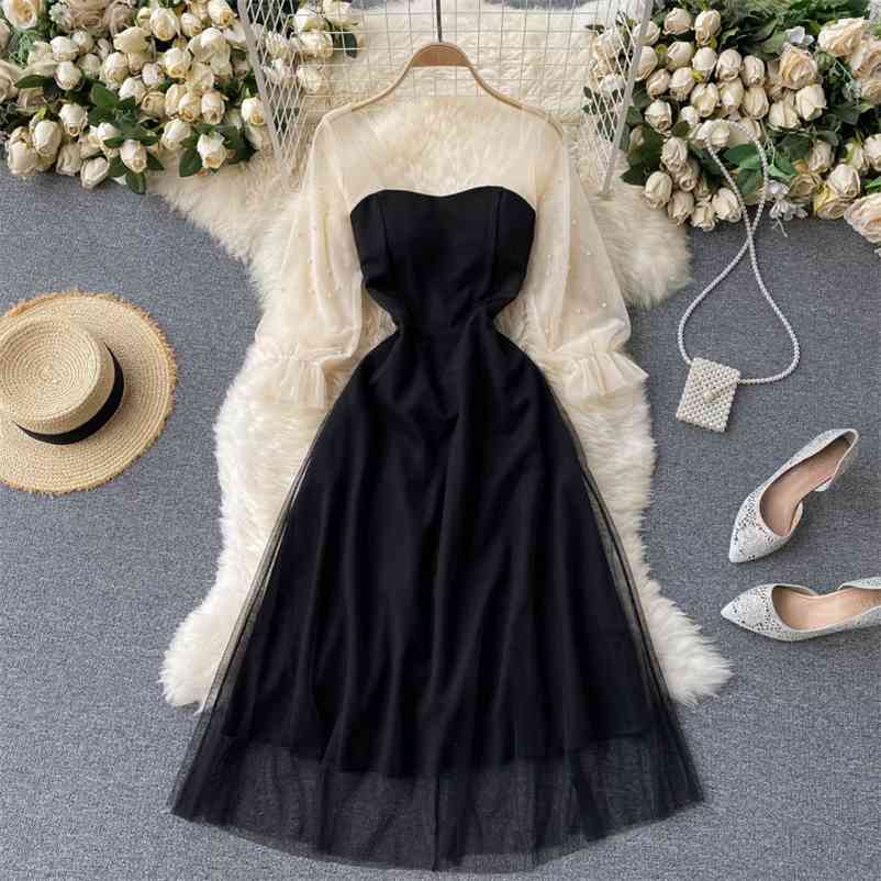 

Women Vintage Contrast Color Pearl Mesh Waist Dress Three Quarter Sleeve Slim Fashion Spring Summer 11B576 210525, Black