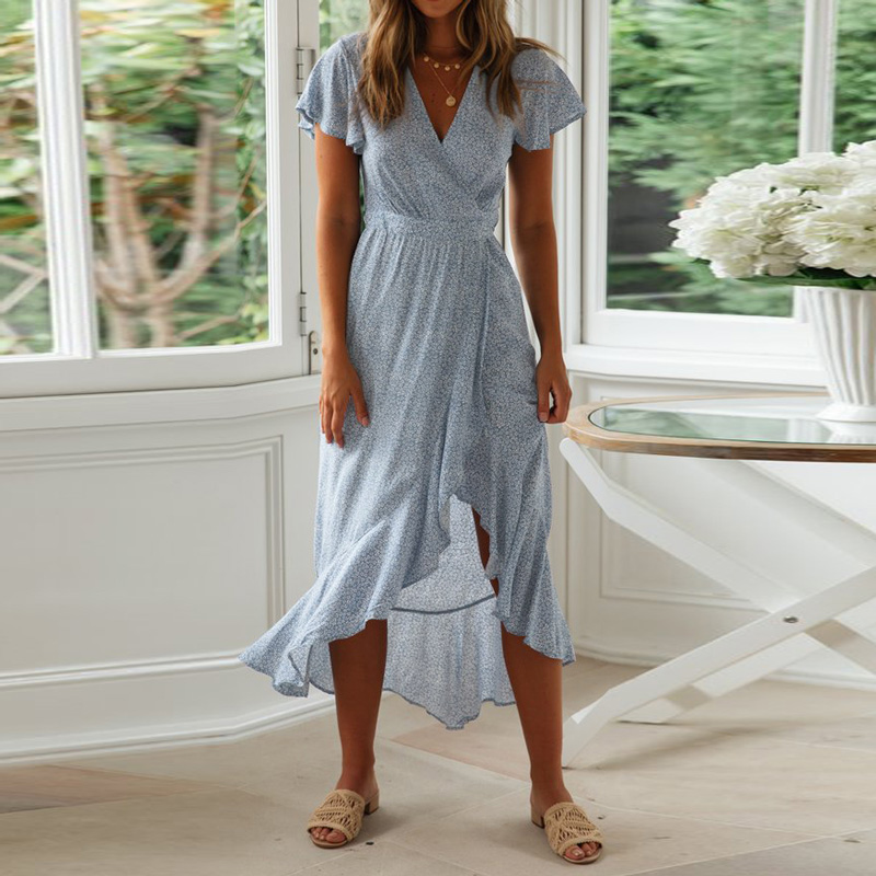 

2021summer beach dress women floral print long bohemian dress short sleeve boho style maxi dress ruffles sundress vestidos, Black;gray