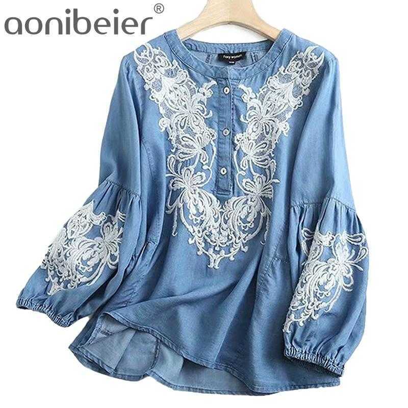 

Floral Embroidery Denim Blouse Women Summer Autumn Casual O Neck Soft Light Blue Tops s Mujer 210604