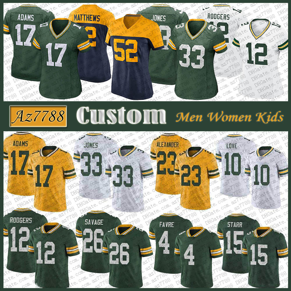 

12 Aaron Rodgers 33 Jones Custom GB Football Jersey 17 Davante Adams 23 Jaire Alexander 69 David Bakhtiari 9 Blake Bortles 18 Randall Cobb 26 Darnell Savage Brett Favre, Shown