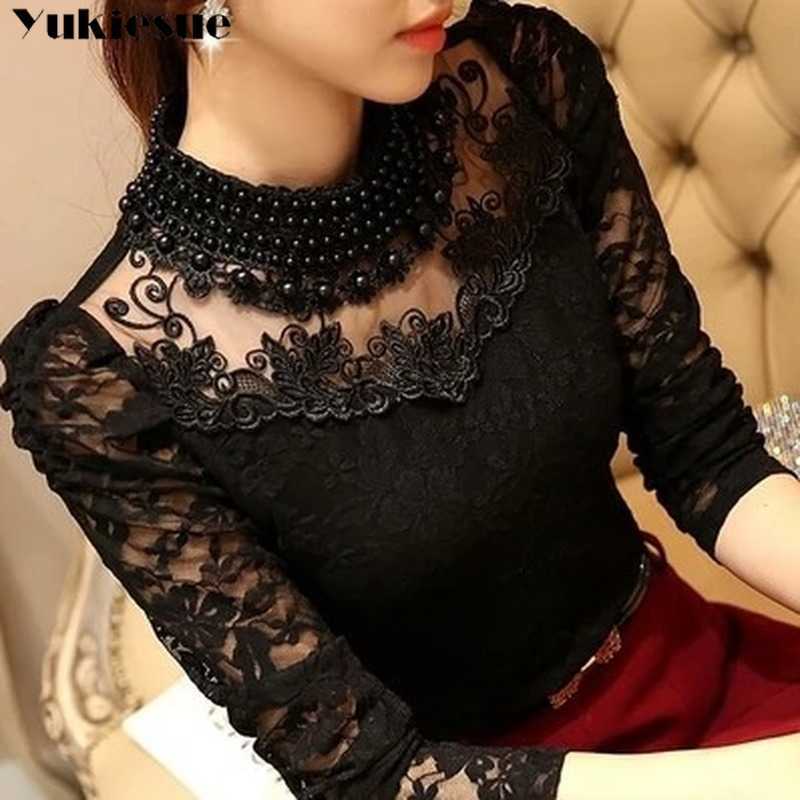 

elegant long sleeve bodysuit beaded Women lace blouse shirts crochet tops blusas Mesh Chiffon blouse female clothing 210721, Beige