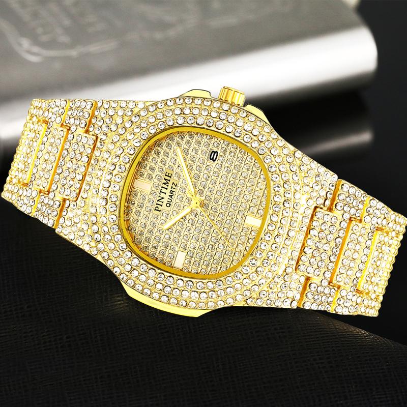 

Wristwatches Reloj Hombre Gold Watch Men Diamond Quartz Mens Watches Top Iced Out For Women Calendar Steel Wristwatch, Women silver